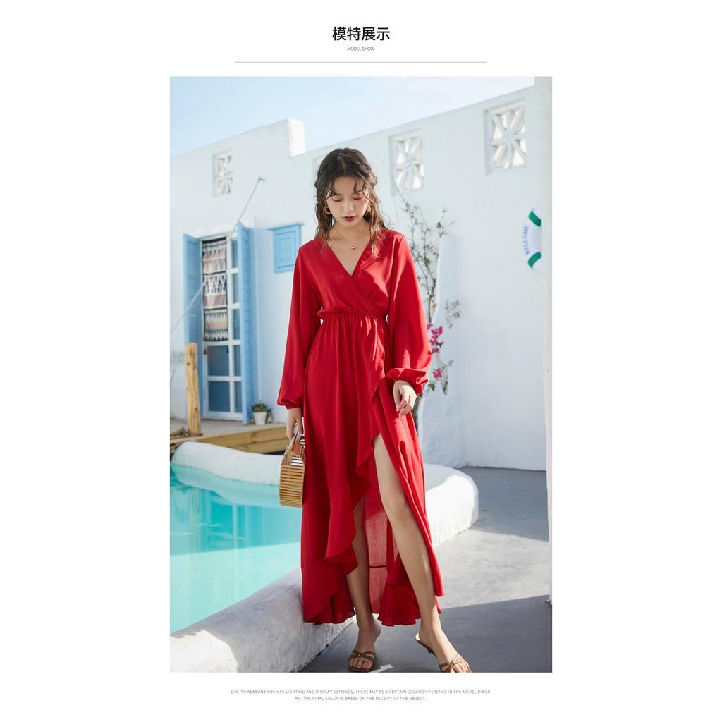ĐẦM MAXI ĐỎ HỞ LƯNG DÀI TAY MÀU ĐỎ QUẢNG CHÂU