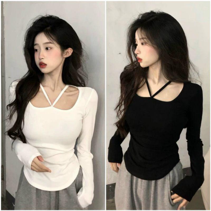 ÁO KIỂU TAY DÀI ÔM BODY TRẮNG ĐEN