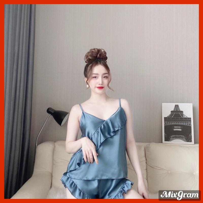 Đồ ngủ sexy nữ, bộ đùi nữ 2 dây hai tầng nhọn, chất satin mặc mát