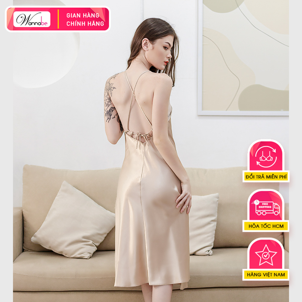Đầm ngủ phi lụa cao cấp WANNABE DNS34 váy ngủ cổ yếm dáng dài sang trọng quý phái nữ tính với lưng đan dây thắt nơ xinh