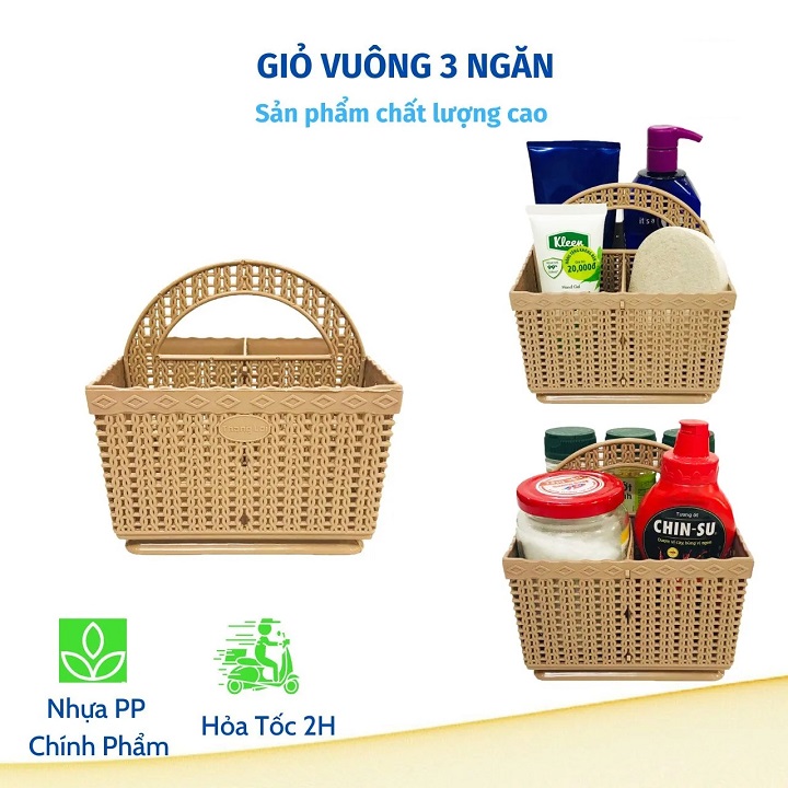 Giỏ đựng đồ nhựa vuông 3 ngăn có quai xách đa năng kích thước 15 cm x 15 cm x 18 cm