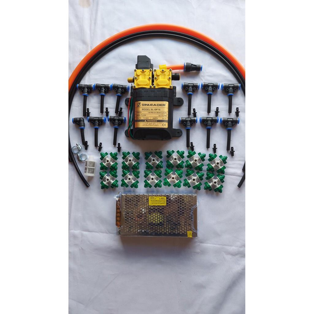 Bộ phun sương. tưới lan. bơm đôi 120W kèm nguồn 12v-10A. 12 béc 4 hướng. 20m dây 8li. 1m dây hút... bộ đầy đủ