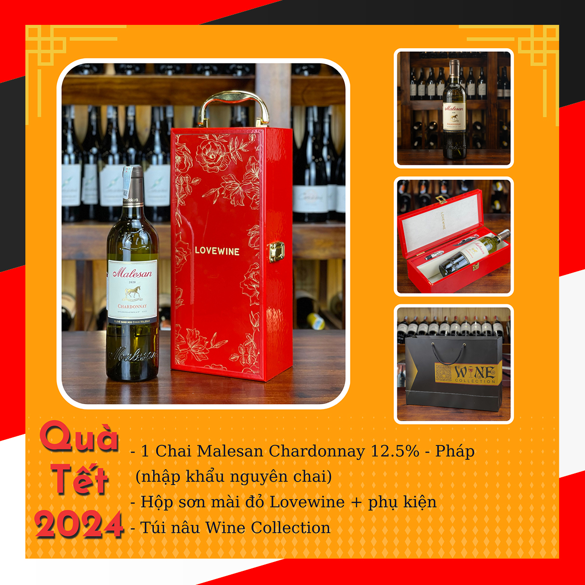 Hộp sơn mài Lovewine 1 chai rượu vang Pháp Malesan Chardonnay