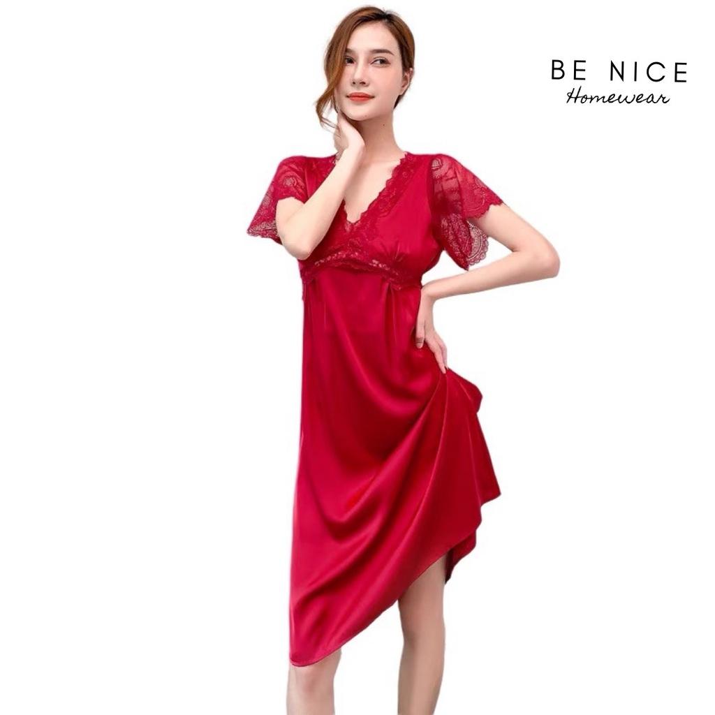 Váy ngủ lụa cao cấp phối ren có tay sang trọng cho nàng, Be Nice Homewear