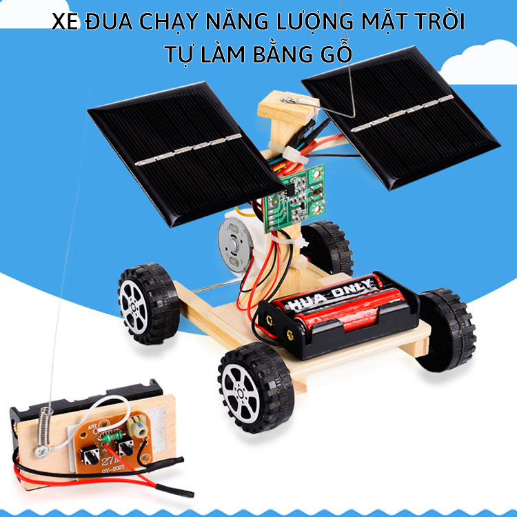 Đồ chơi khoa học tự làm xe đua điều khiển từ xa chạy bằng PIN năng lượng mặt trời bằng gỗ cho bé