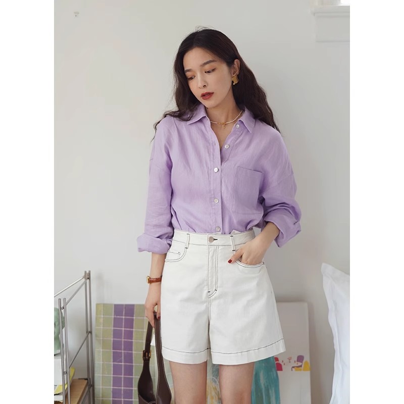 Hình ảnh Áo sơ mi nữ form rộng tay dài vải linen bột premium dáng basic đa dụng, màu tím trẻ trung Đũi Việt