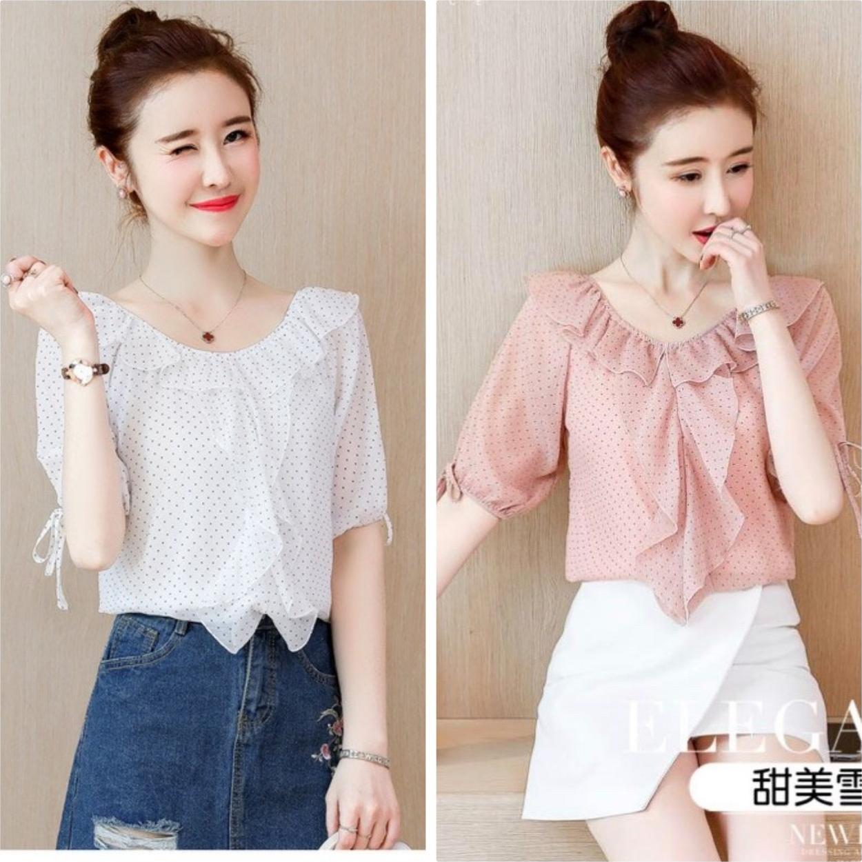 ÁO KIỂU CHẤM BI CỔ TIM GD6369A