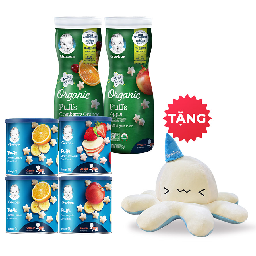 Combo 6 (2 Gerber Puffs Cam Chuối + 1 Gerber Puffs Chuối Táo + 1 Gerber Puffs Dâu Táo + 1 Gerber Organic Táo + 1 Gerber Organic Nam Việt Quất Cam) TẶNG Bạch Tuột Bông