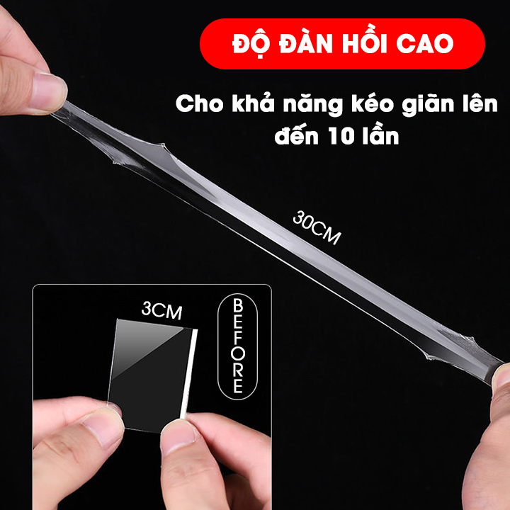 Băng Dính Keo NANO 2 Mặt Siêu Bám Dính Trong Suốt Dày 1mm Dài 3 mét Rộng 3cm Đa Năng Dính Chắc Trên Mọi Chất Liệu