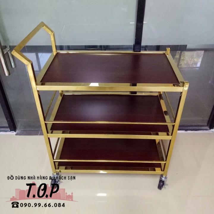 Xe Đẩy Phục Vụ Rượu Trà, Thức Ăn 3 Tầng Inox Vàng Và Gỗ.