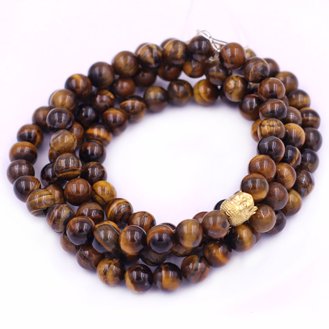 Vòng chuỗi 108 hạt đá mắt hổ vàng đen 8 ly size lớn charm đầu Phật Như lai, vòng chuỗi niệm Phật, vòng chuỗi đeo tay