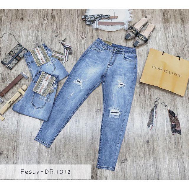 Quần Jeans Nữ Baggy Xanh Rách Thêu Túi Lưng Cao