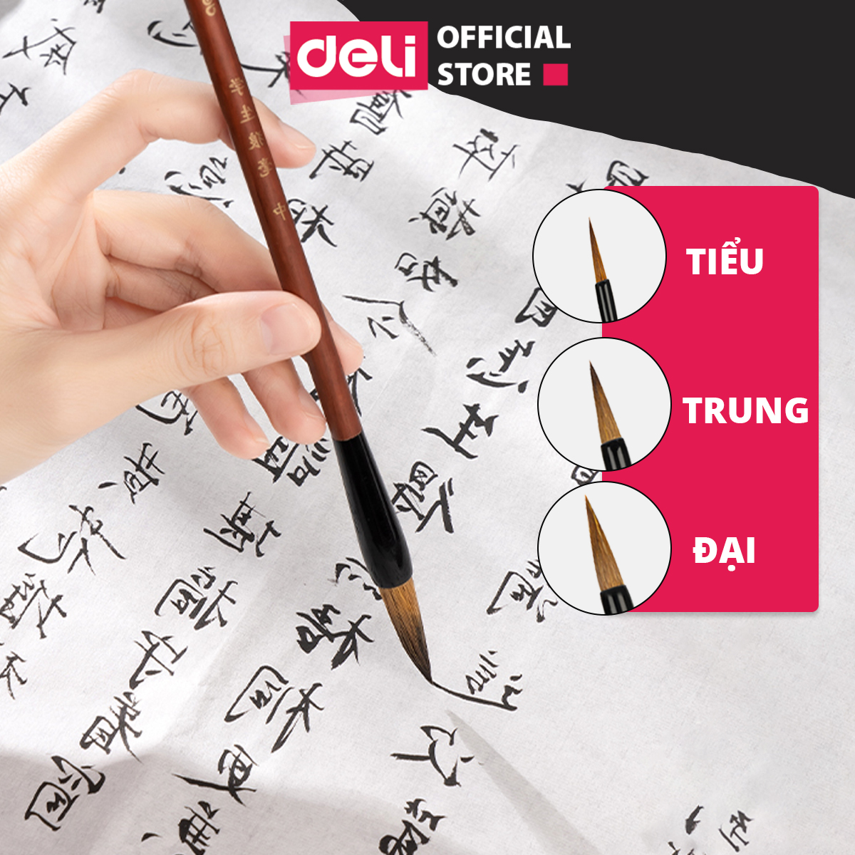 Combo 3 Bút Lông Sói Viết Thư Pháp Deli - Tiểu/Trung/Đại - Viết Chữ Hán, Vẽ Tranh Thủy Mặc Cho Người Mới, Chuyên Nghiệp