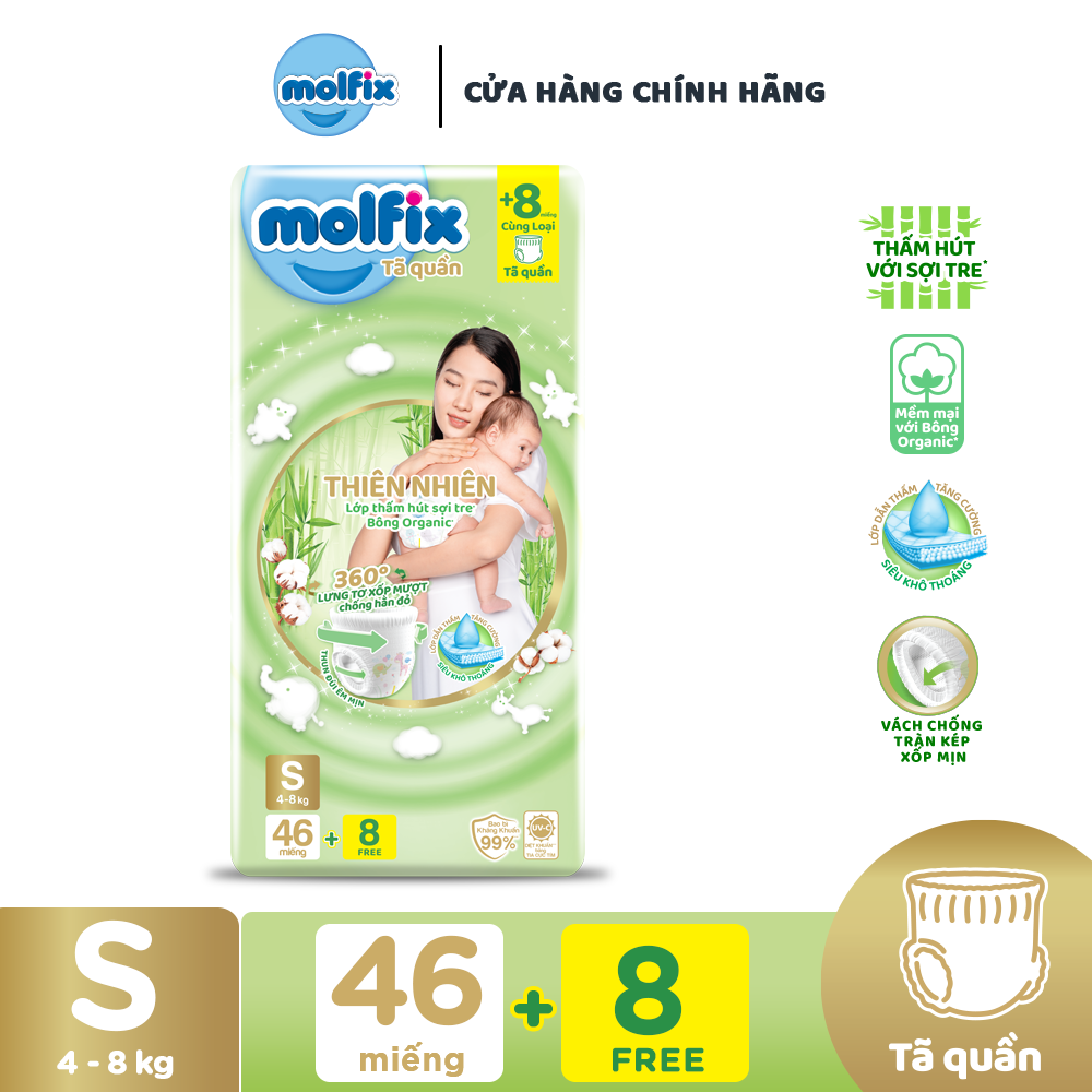 Tã/bỉm quần Molfix Thiên nhiên Jumbo S  - Gói 44+6 miếng