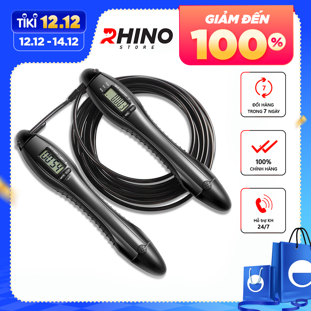 Dây nhảy thể thao lõi thép cao cấp Rhino J601 tự động đếm số, đếm giờ, tích hợp đo calo, quãng đường, độ dài dây tùy chỉnh - Dùng cho Muay | Boxing | Kickboxing - Hàng chính hãng