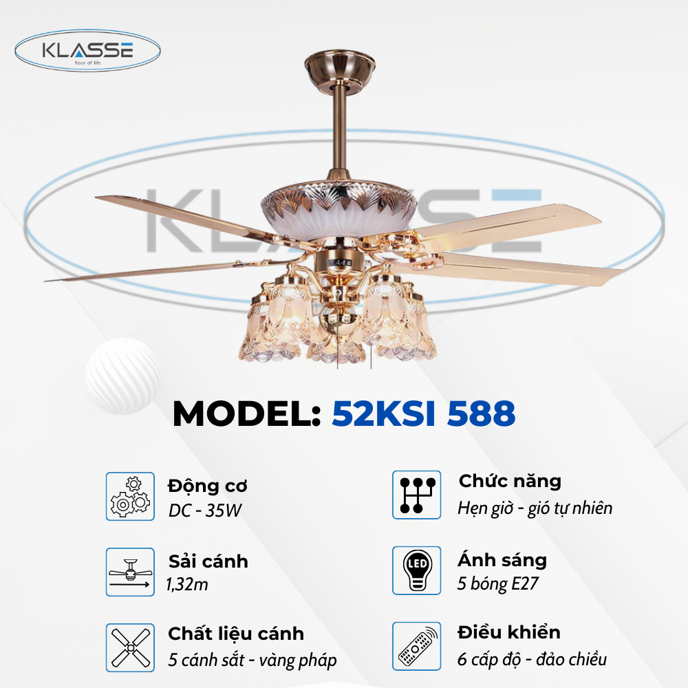 Quạt trần chùm đèn Klasse 52KSI 588 Hàng chính hãng