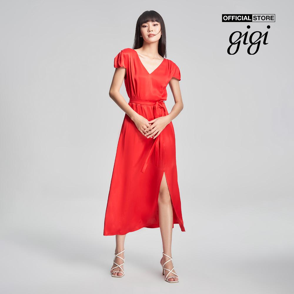 GIGI - Đầm midi tay ngắn cổ V phối thắt lưng thời trang G2102D231114