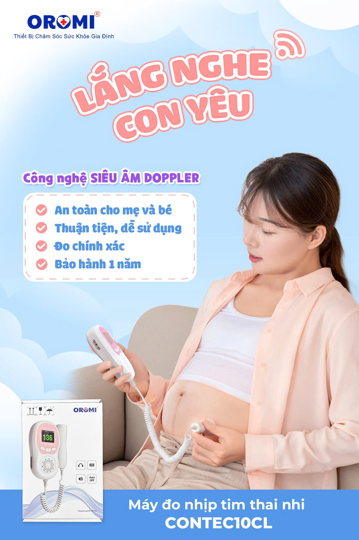 Máy đo tim thai tại nhà cao cấp Oromi CONTEC10CL - Máy nghe tim thai bỏ túi pin sạc