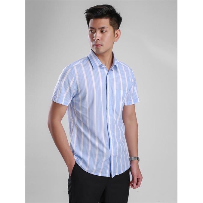 Áo sơ mi ngắn tay nam ASS204S8 phom regular fit kẻ sọc xanh có túi