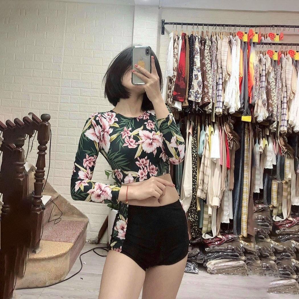 Đồ bơi nữ Bikini nữ 2 mảnh họa tiết dài tay đan lưng quần đùi kín đáo bộ bơi hoa đi biển QP009