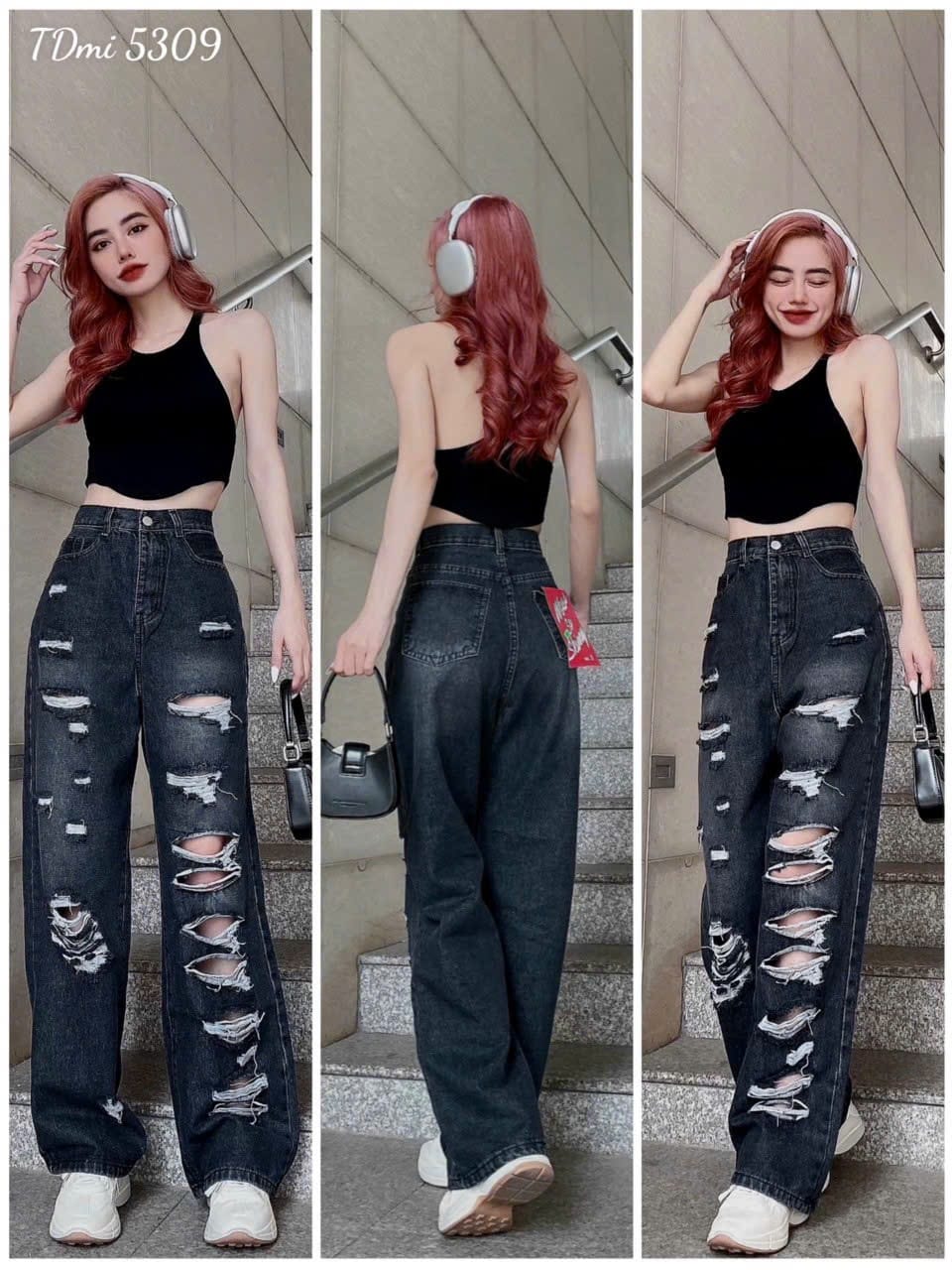 QUẦN BAGGY JEAN NỮ LƯNG CAO RÁCH KIỂU THỜI TRANG