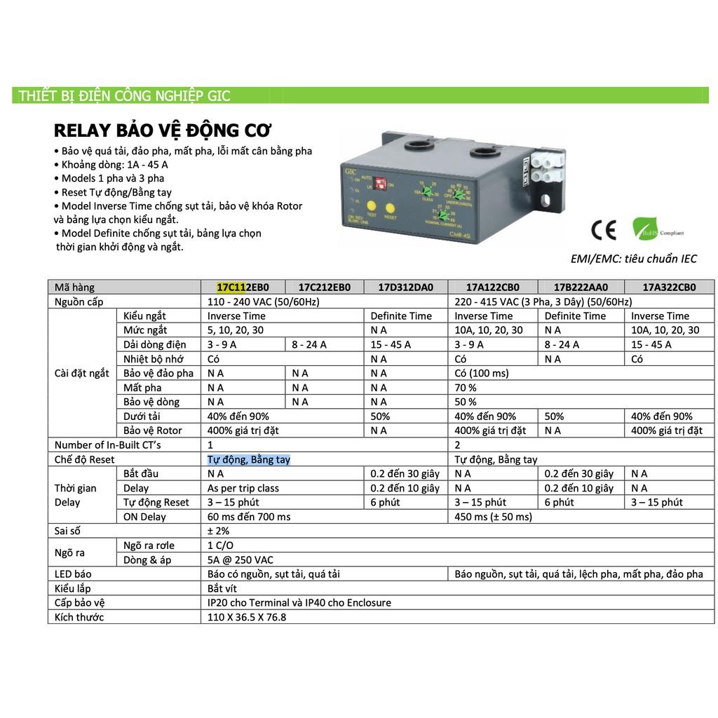 Rơ le bảo vệ quá tải , non tải cho động cơ 1 pha, dòng 3-9A hoặc 8A-24A