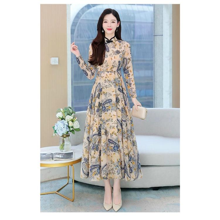 ĐẦM XÒE CỔ TÀU DÁNG DÀI HỌA TIẾT CAO CẤP