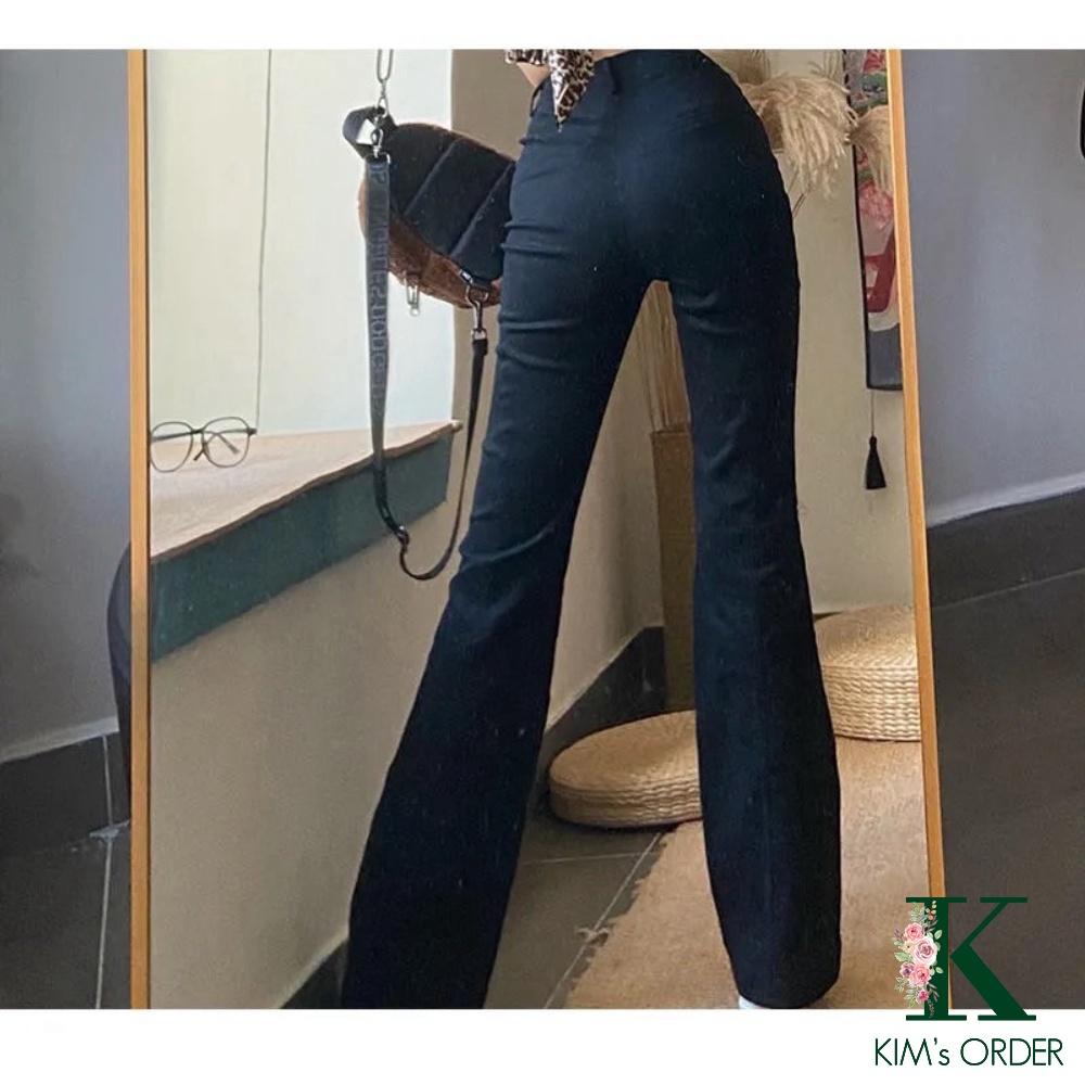 Quần jeans nữ ống loe lưng cao phom dáng dài màu đen màu nâu chất liệu vải co dãn nhẹ cao cấp xu hướng thời trang