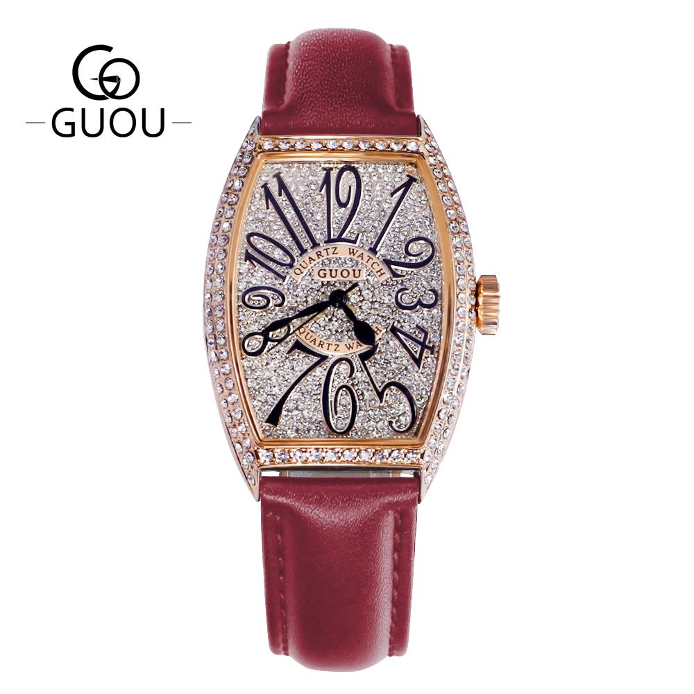 Đồng hồ đeo tay nữ chính hãng Guou dây da mặt bầu dục đẹp viền đính đá chống nước 82