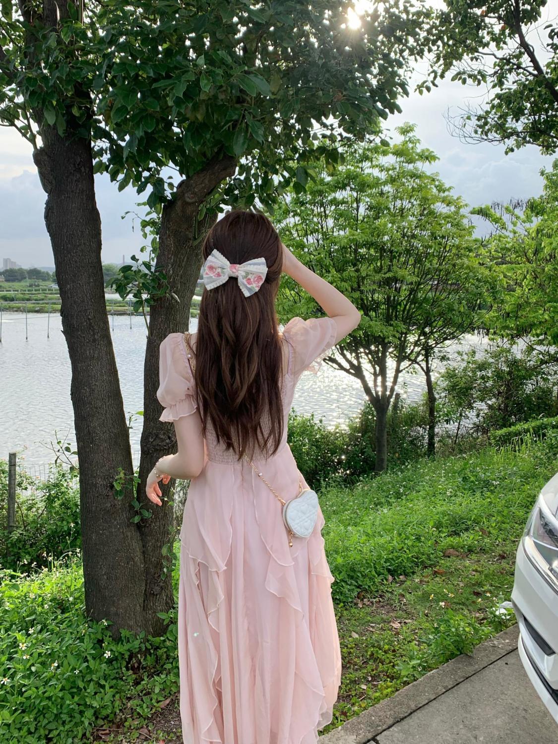 SHUANGYAN Phong cách Pháp cổ vuông nhẹ nhàng Fairy Wind Dress cho phụ nữ mùa hè 2023 Thắt lưng cho phụ nữ