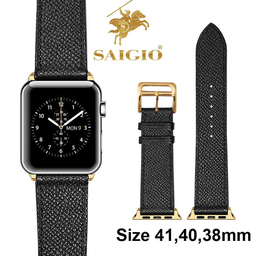 Dây Đồng Hồ Apple Watch 41mm 40mm 38mm, Chất Liệu Da Bê EPSOM Thảo Mộc Cao Cấp, Nhập Khẩu Từ Châu Âu, Dây Đeo Phong Cách Hiện Đại và Sang Trọng, Tương Thích Các Phiên Bản Series 8/7/6/5/4/3/2/1/SE/SE2 - Đen - ADAPTER VÀNG