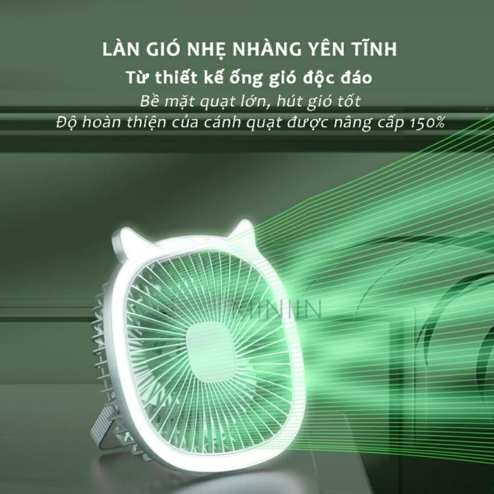 Quạt Tích Điện Đa Năng Có Đèn, Quạt Treo Tường, Để Bàn Kiêm Đèn Ngủ 3 In 1, Quạt Cầm Tay Tích Hợp Đèn Led Pin 1300mAh - HÀNG CHÍNH HÃNG MINIIN