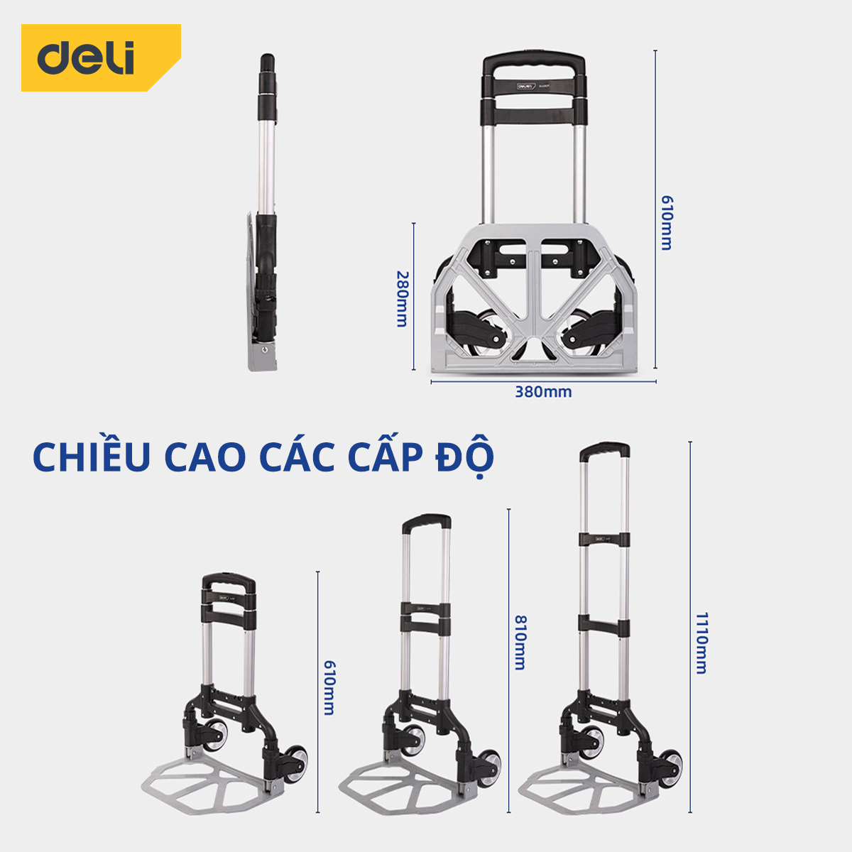 Xe Đẩy Hàng Gấp Gọn Đa Năng Deli Cao Cấp 6 Bánh / 2 Bánh - Chất Liệu Hợp Kim Nhôm Siêu Bền - Tải Trọng 70kg - DL431070