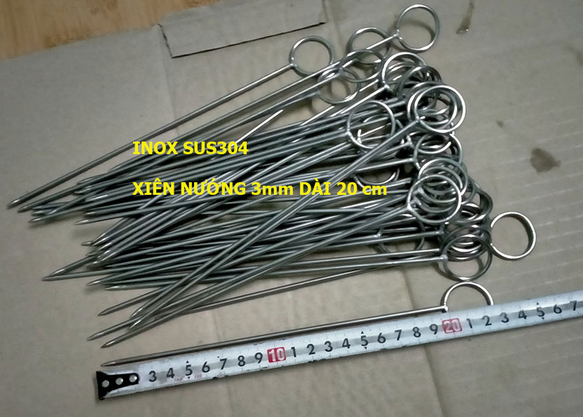 [Combo 20 Que xiên] nướng cá, tôm, nướng thịt bằng inox sus304 đường kính 3mm dài 20cm có móc tròn, trọn đời không sét