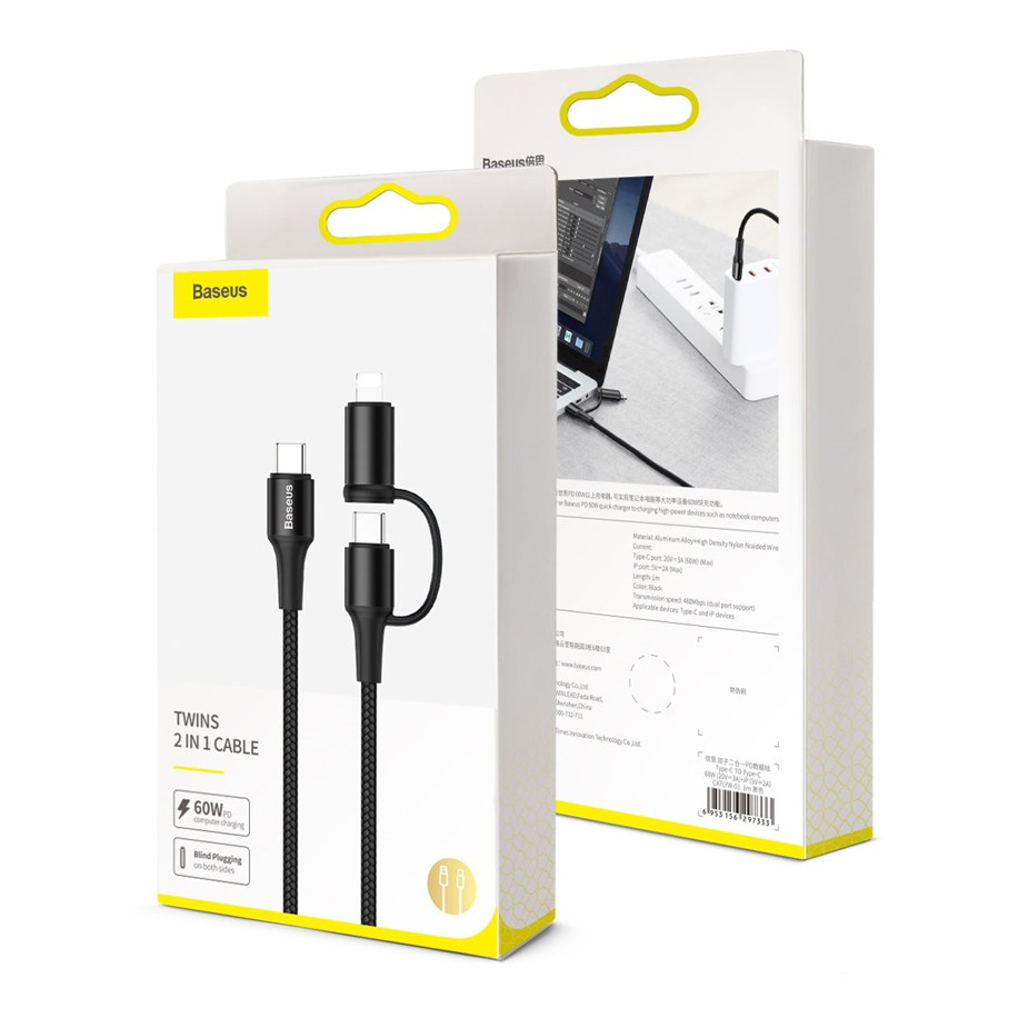 Cáp sạc nhanh Baseus Twins 2 in 1 dùng cho Android/ iPhone/ iPad/ Macbook (Type C to Type-C/ Lightning, 60W PD/ QC3.0 Quick Charge & Sync Data Cable) - Hàng nhập khẩu