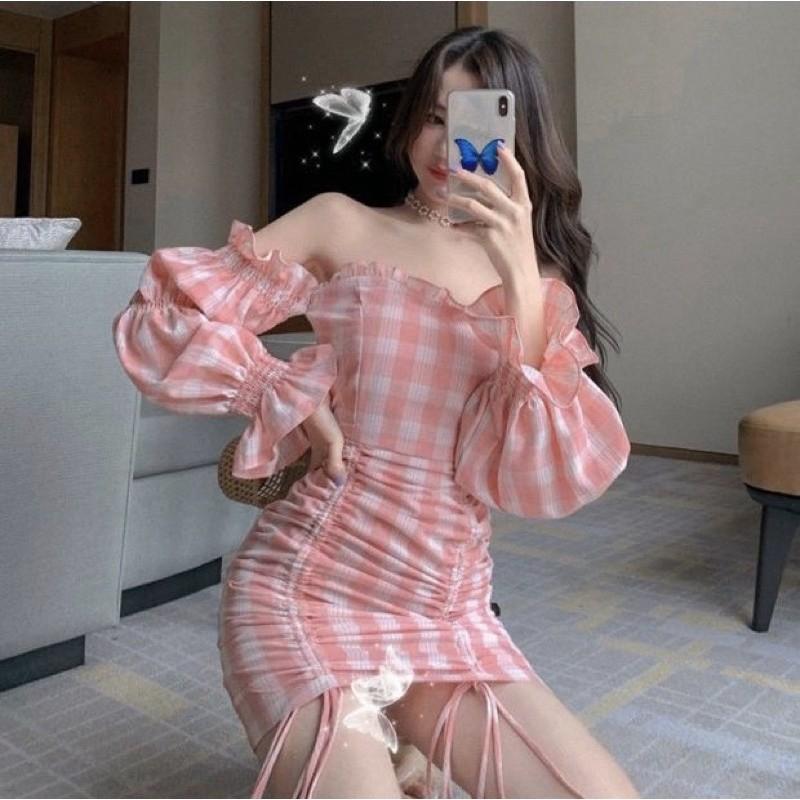 Đầm trễ vai dây rút caro hồng pink mẫu 2021