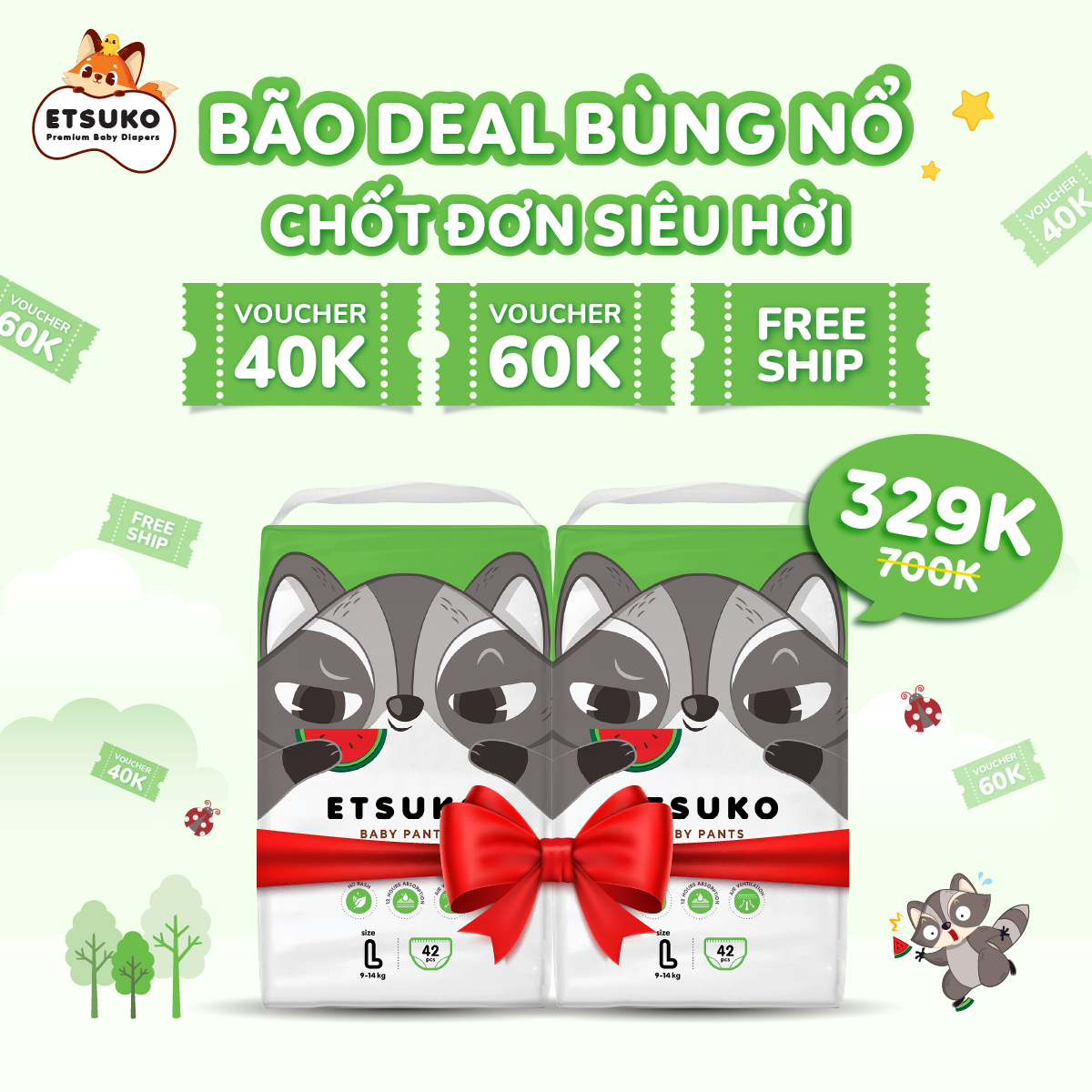 Combo 2 bịch tã quần Etsuko size L 42 pcs