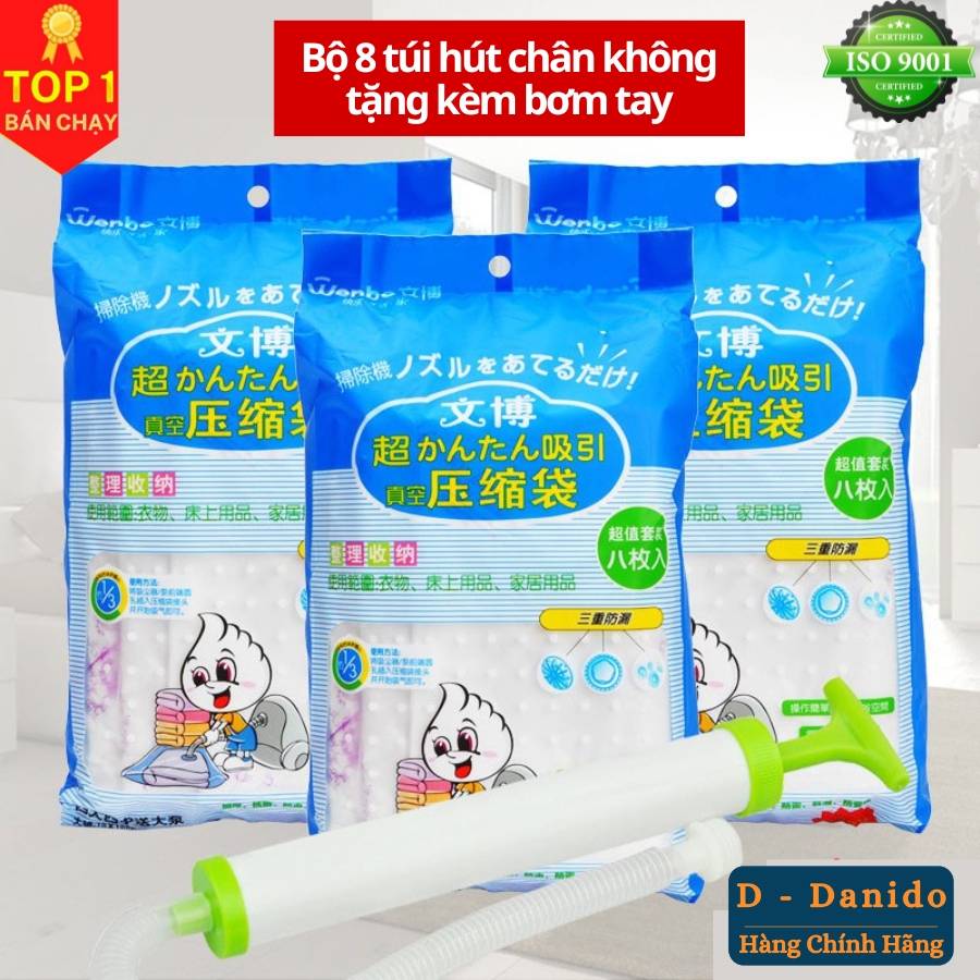 [Tặng kèm bơm tay] Bộ 8 túi hút chân không đựng chăn màn quần áo cao cấp D Danido - Set 8 túi hút chân không bằng nhựa dẻo dai có tặng kèm bơm tay