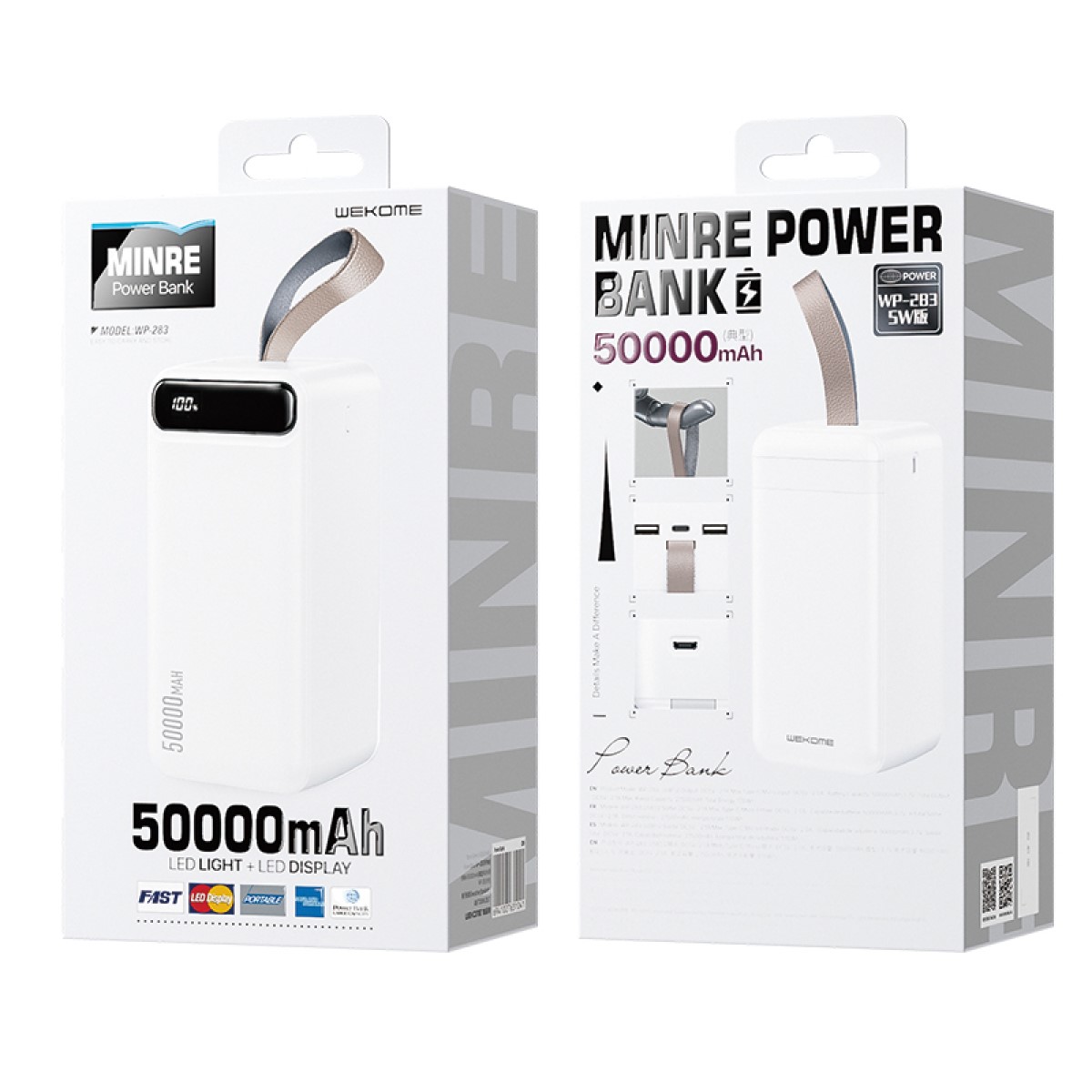 Sạc dự phòng 50000mAh WP 283 Trạm điện di động, 1 lần sạc sử dụng 10 ngày, 2 đầu vào 2 đầu ra tất cả đều sạc nhanh, hiển thị phần trăm pin, đèn pin led