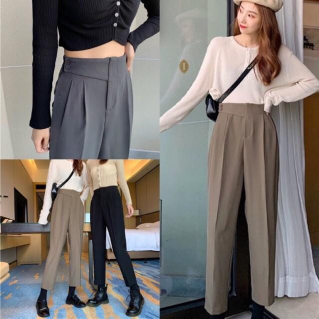 Quần Baggy nữ cạp cao phối vạt chéo 2 cúc màu đen vải mưa mềm đẹp mặc đi học chơi làm công sở đều xinh