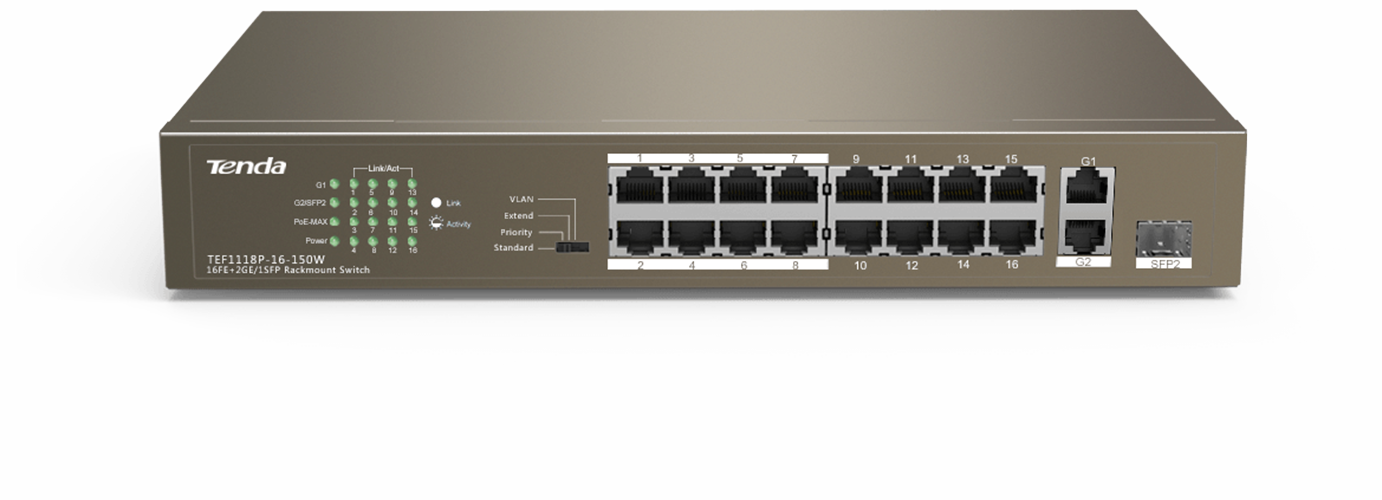 Switch With 16-Port PoE Tenda TEF1118P-16-150W-hàng chính hãng