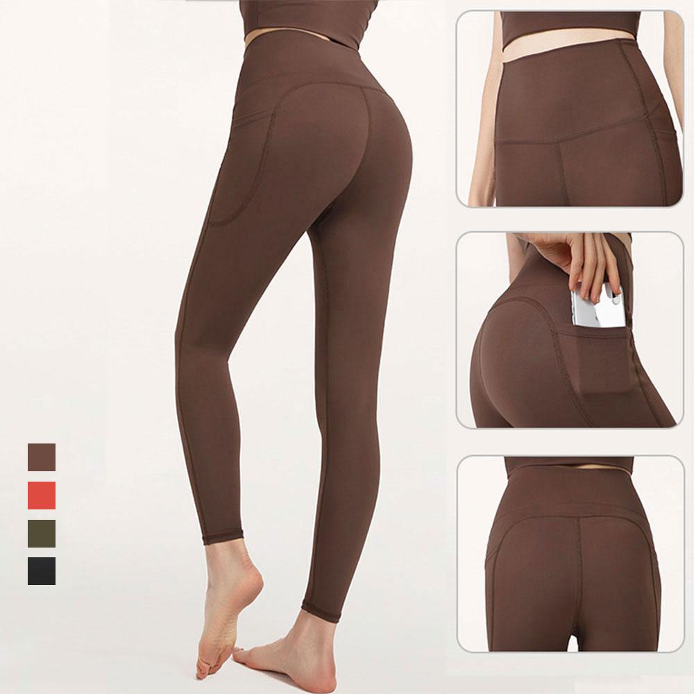 Nâu Quần Legging Tập Yoga Liền Mạch Cao Cấp Tập Thể Dục Thể Thao Quần Lót Nữ Có Túi Mới Tập Thể Hình Nữ Lycra Đẩy-lên Thun