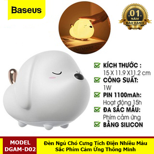 Đèn Ngủ Hình Thú Dễ Thương Cute Series Silicone Night Light Với Dung Lượng Pin 1100mah, Cảm Biến Sáng - Hàng Chính Hãng Baseus