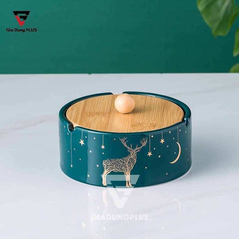 Gạt Tàn Thuốc Lá Màu Xanh Cổ Vịt - Nắp Gỗ Tre Siêu Kín