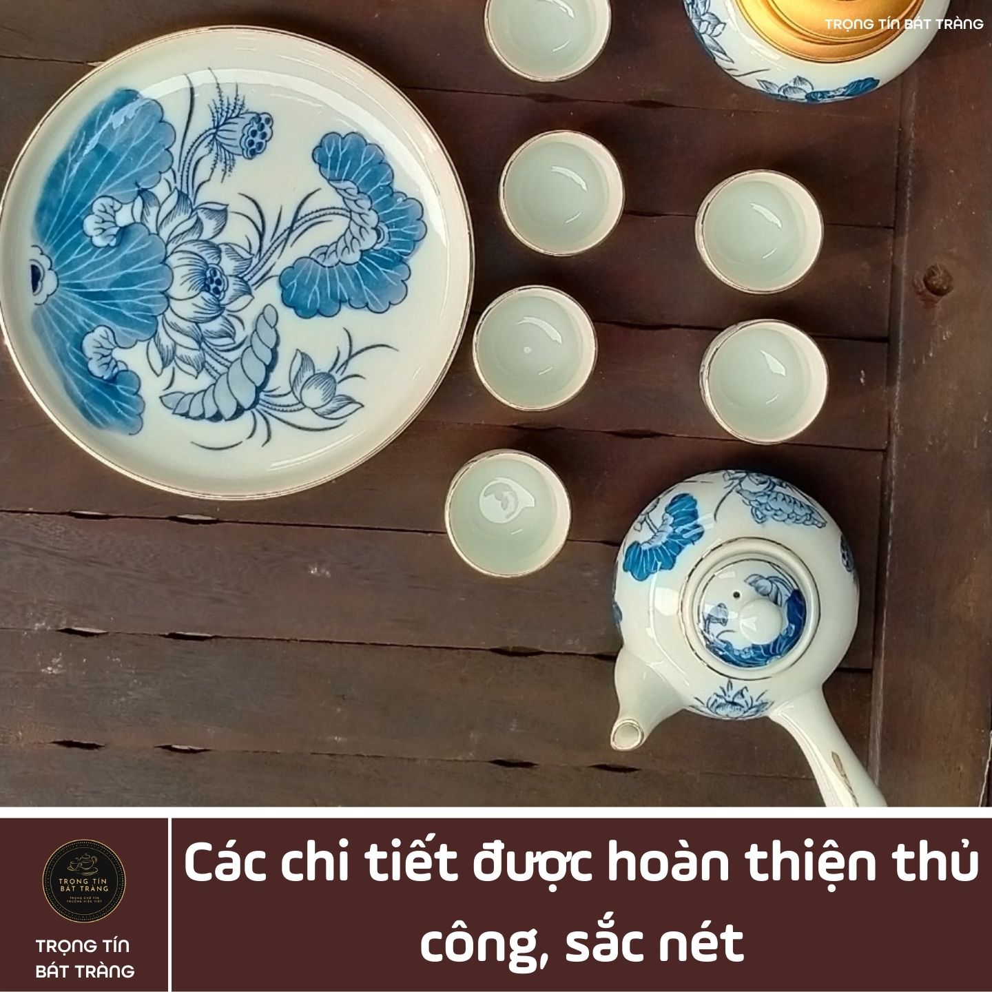 Bộ Ấm Chén Trà Đạo Gốm Trắng Men Lam Bát Tràng Hoa Sen Vẽ Vàng Dáng Đường Vũ Dung Tích 320ml ATA 26