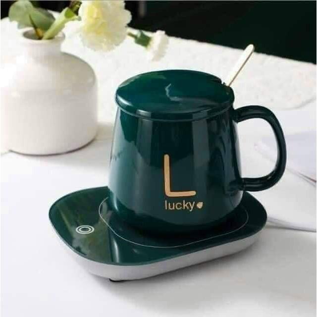 Cốc hâm nóng cao cấp bằng sứ kèm đế điện, Ly sứ kèm đế điện hâm nóng cafe, sữa, trà Tặng kèm thìa mạ vàng tiện lợi