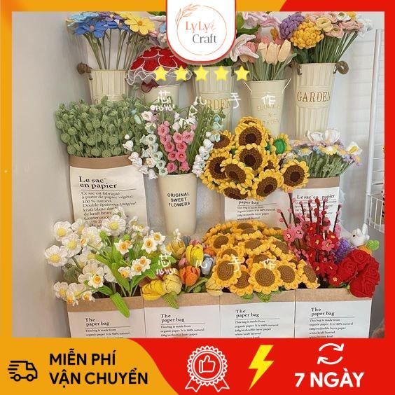 Hoa Len Handmade Thành Phẩm Có Sẵn Dùng Trang Trí, Hoa Len Móc D.I.Y Đủ các Loại Hoa Hồng, Heo, Tulip, Hướng Dương