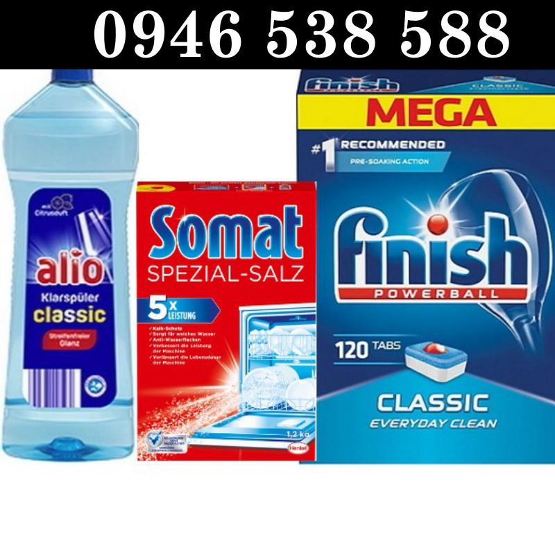 Combo viên rửa bát finish 120 viên + muối Somat 1.2kg + Nước làm bóng alio 1 lít dùng cho máy rửa bát