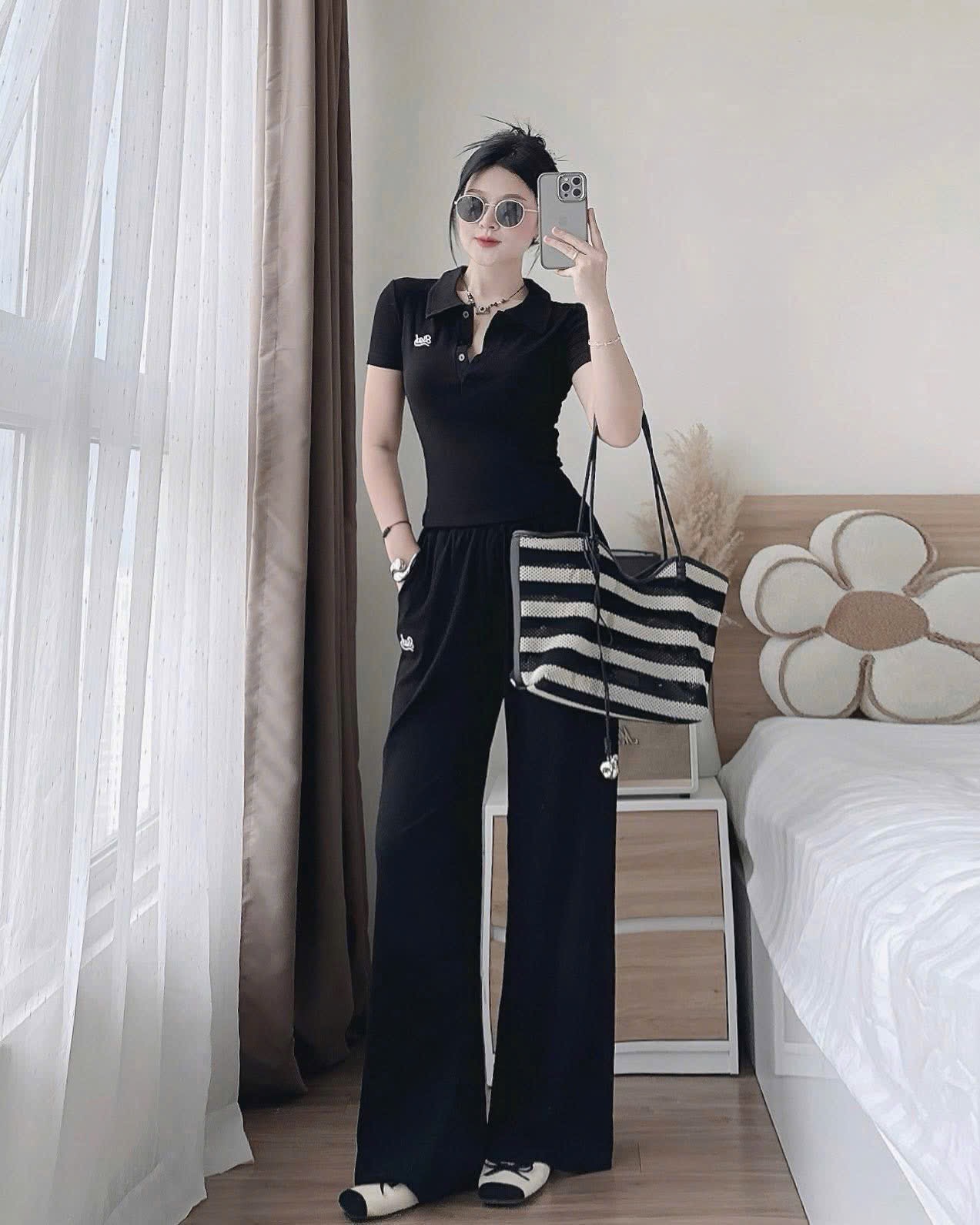 Set Áo Polo Dáng Ôm Thêu Chữ Bad + Quần Dài Ống Suông Rộng Nữ Cá Tính