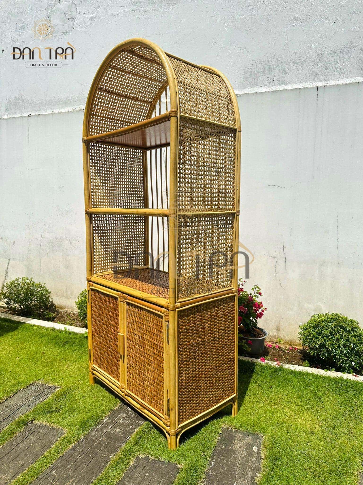 Tủ Mây Đựng Sách Đan Trà- Tủ Mây Decor Vintage- Tủ Mây Mắt Cáo Đan Trà- Nội Thất Mây Tre Đan Trà